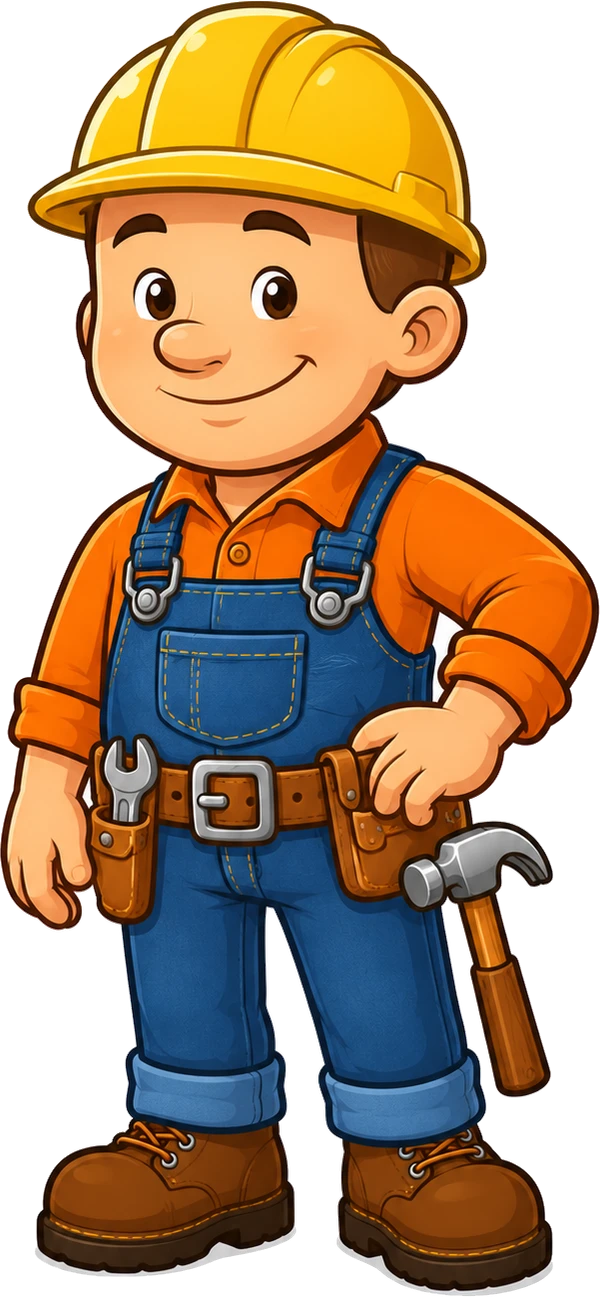 Friendly cartoon handyman in a hard hat holding a hammer
